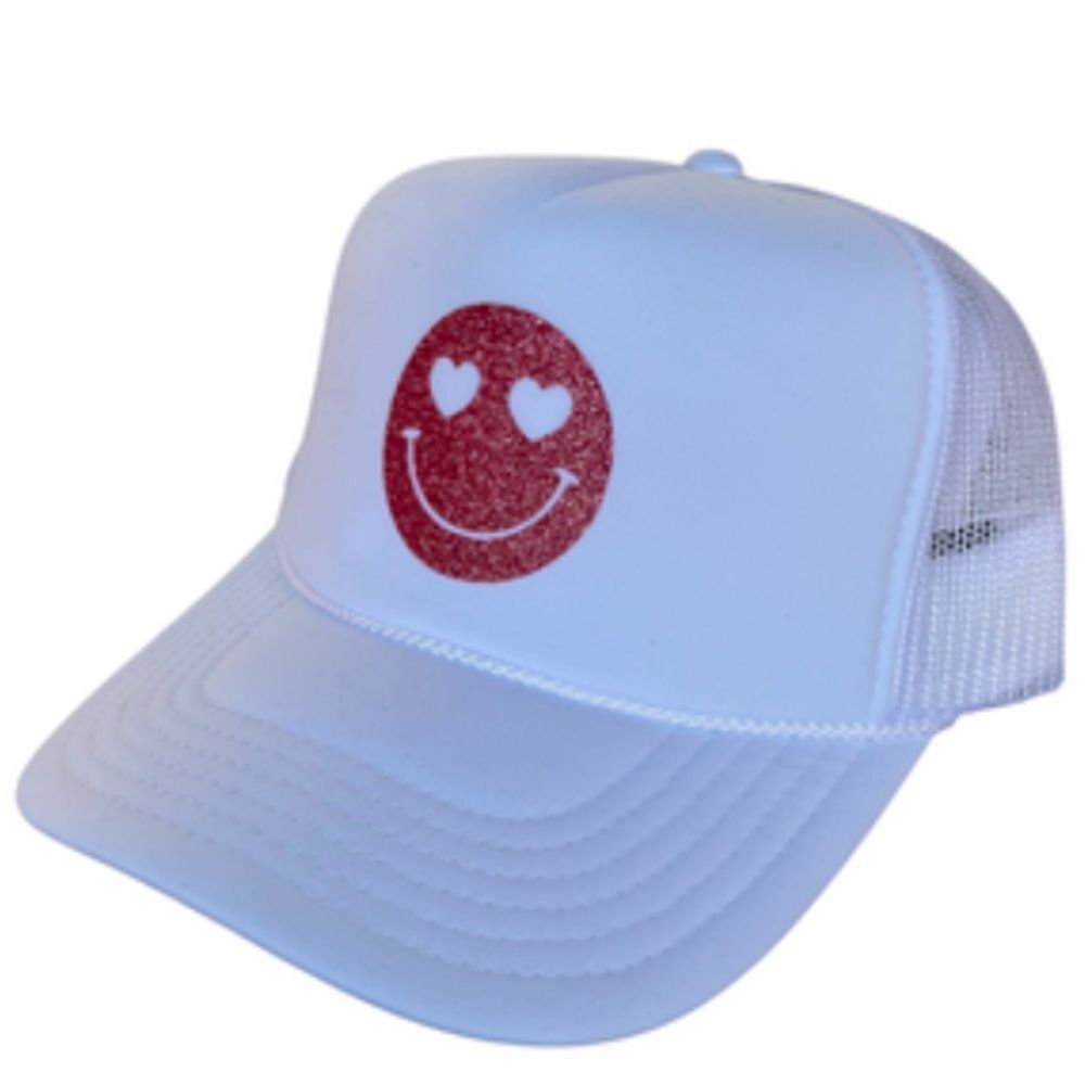 BRAND NEW White Trucker Hat Pink Glitter Smiley Face Heart Eyes - Snap Back